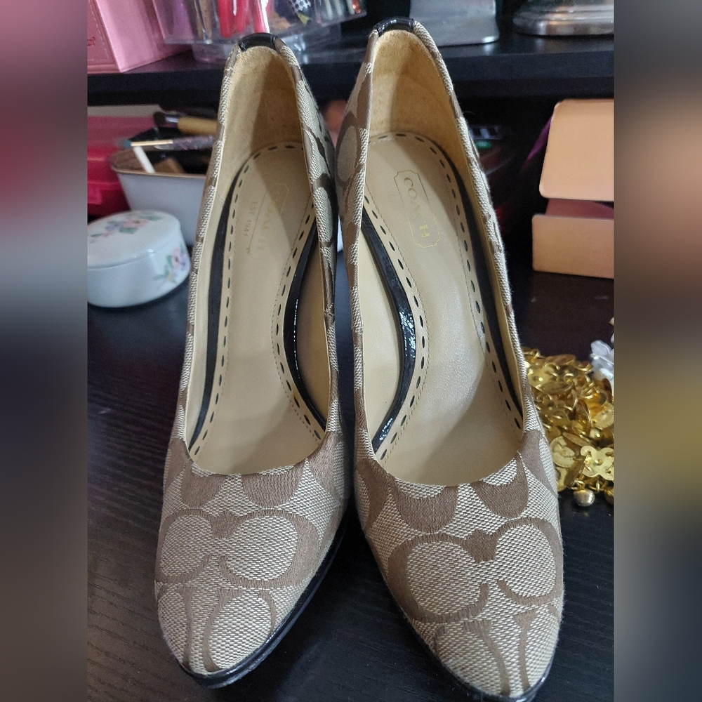 Coach Tan Heels with Signature Monogram